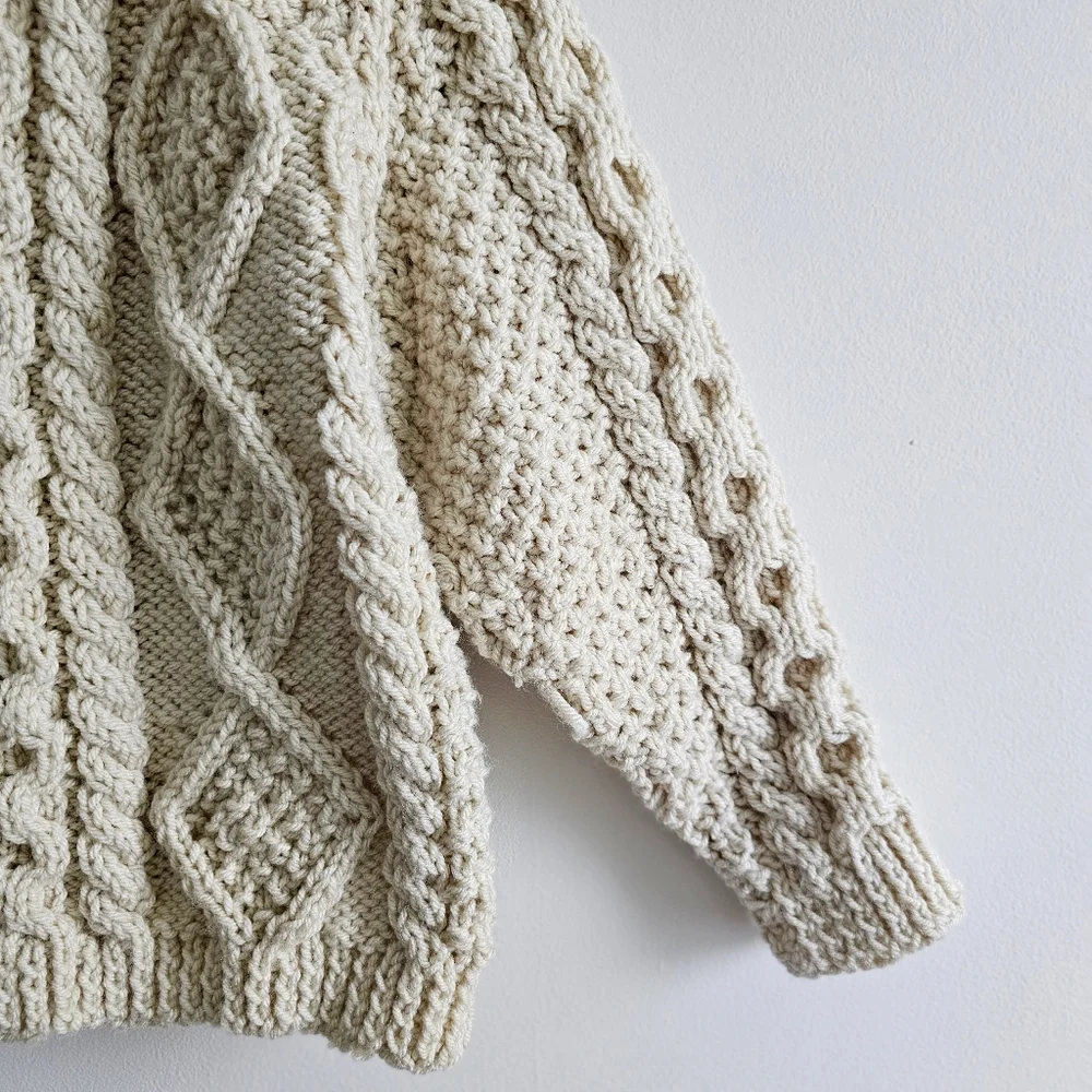 Vintage Hand Knit Cream Chunky Cardigan  Sweater Jacket Children Size Large